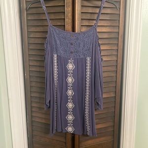 Navy printed off the shoulder top